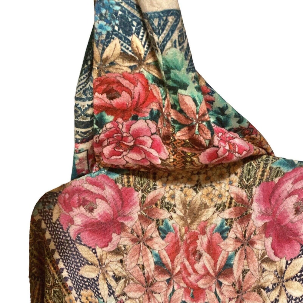 Johnny Was Multicolor Floral Patchwork Hooded Cardigan - Turquoise, Pink, Yellow - Picture 9 of 14